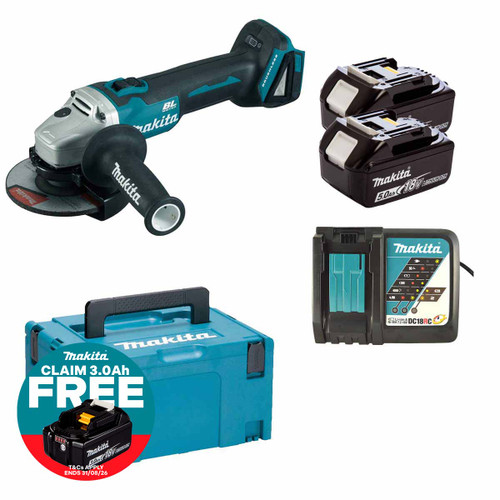 Makita DGA504RTJ 18V LXT Cordless Brushless 125mm Angle Grinder Kit with 2× 5.0Ah Batteries, Charger & Makpac Case