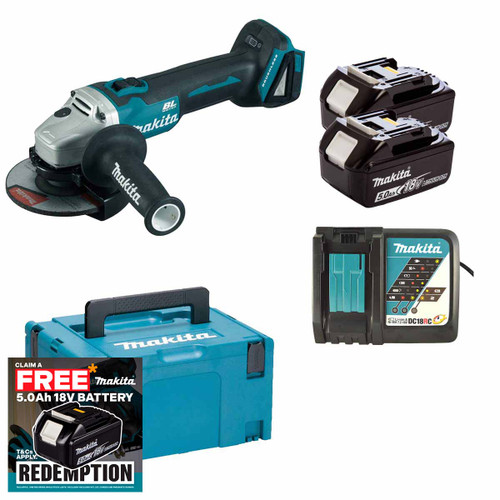 Makita DGA504RTJ 18V LXT Cordless Brushless 125mm Angle Grinder Kit with 2× 5.0Ah Batteries, Charger & Makpac Case