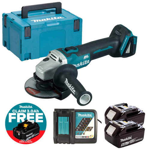 Makita DGA504RTJ 18V LXT Cordless Brushless 125mm Angle Grinder Kit with 2× 5.0Ah Batteries, Charger & Makpac Case