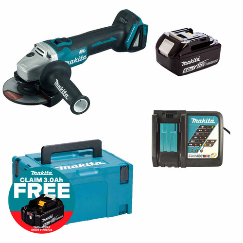 Makita DGA504STJ 18V LXT Cordless Brushless 125mm Angle Grinder Kit with 1× 5.0Ah Battery, Charger & Makpac Case