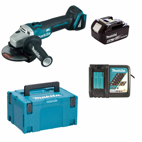 Makita DGA504STJ 18V LXT Cordless Brushless 125mm Angle Grinder Kit with 1× 5.0Ah Battery, Charger & Makpac Case