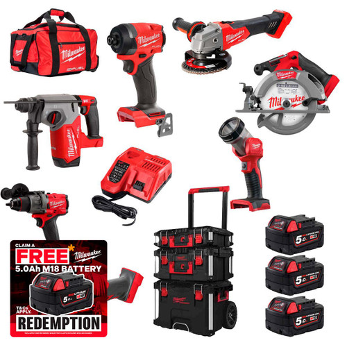 Milwaukee 4933480878/PCK1 18V 7 Piece Power Tool Kit with 3x 5.0Ah Batteries & Packout Set