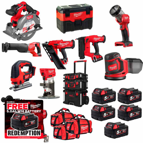 Milwaukee M18KIT1 18V Cordless 15 Piece Kit with 5x 5.0Ah Batteries