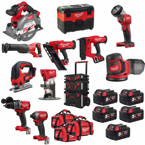 Milwaukee M18KIT1 18V Cordless 15 Piece Kit with 5x 5.0Ah Batteries