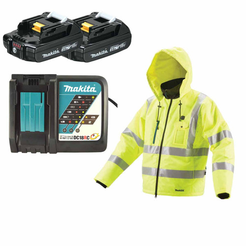 Makita DCJ206ZLX2 14.4V/18V LXT High Visibility Heating Jacket (Size L) with 2x 2.0Ah Battery and Fast Charger