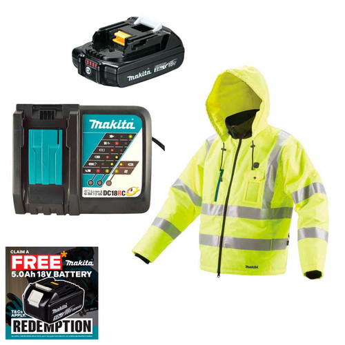 Makita DCJ206ZXLX1 14.4V/18V LXT High Visibility Heating Jacket (Size XL) with 1x 2.0Ah Battery and Fast Charger
