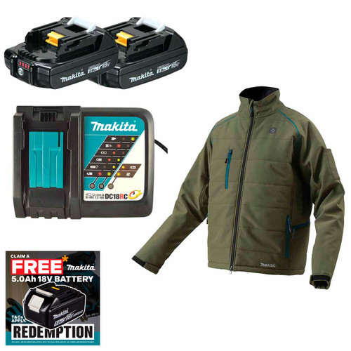 Makita DCJ205ZOMX1 14.4V/18V LXT Olive Heating Jacket (Size M) with 2x 2.0Ah Battery and Fast Charger