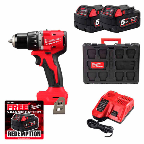 Milwaukee M18 BLPDRC-502X 18V Compact Brushless Percussion Drill with 2x 5.0Ah Battery, Fast Charger and Packout Case