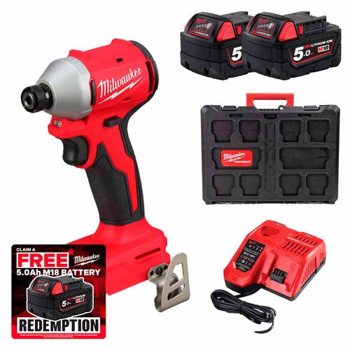 Milwaukee M18 BLIDRC-0502X 18V Compact Brushless 1/4" Hex Impact Driver with 2x 5.0Ah Battery, Fast Charger and Packout Case