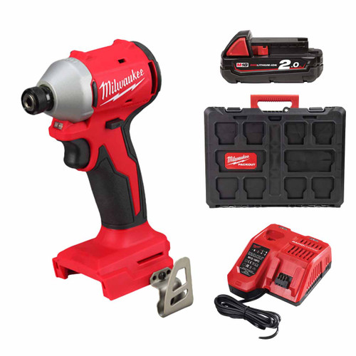 Milwaukee M18 BLIDRC-0201X 18V Compact Brushless 1/4" Hex Impact Driver with 1x 2.0Ah Battery, Fast Charger and Packout Case