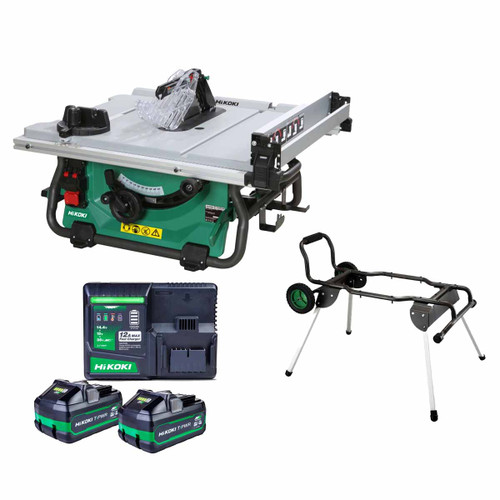 HiKOKI C3610DRJ 36V 254mm Brushless Table Saw with Saw Leg Stand with 2x 4.0Ah Tabless Batteries & Charger