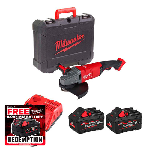 Milwaukee M18FLAG230XPDB-802X 18V FUEL™ 230mm Cordless Breaking Grinder with Paddle Switch with 2x 8.0Ah Batteries & Fast Charger