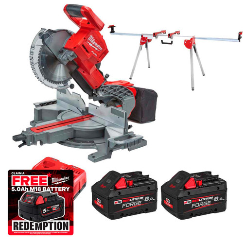 Milwaukee M18FMS254-802KIT 18V FUEL™ 254mm Mitre Saw and Mitre Saw Stand with 2x 8.0Ah Batteries & Fast Charger