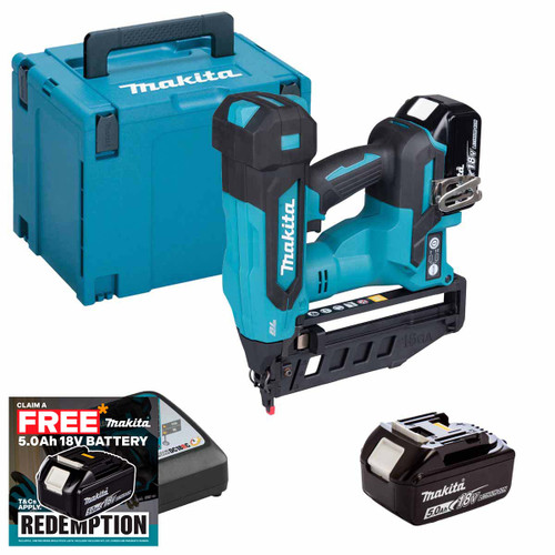 Makita DBN601RTJ 18V LXT Brushless Straight Finishing Nailer with 2x 5.0Ah Batteries, Charger & Makpac Case