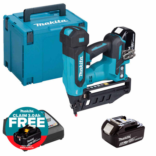 Makita DBN601RTJ 18V LXT Brushless Straight Finishing Nailer with 2x 5.0Ah Batteries, Charger & Makpac Case