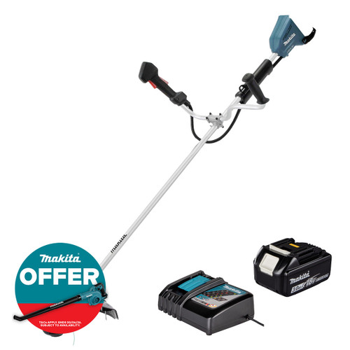 Makita DUR368AZ Twin 18V LXT Brushless Brush Cutter with 1x 3.0Ah Battery and Charger
