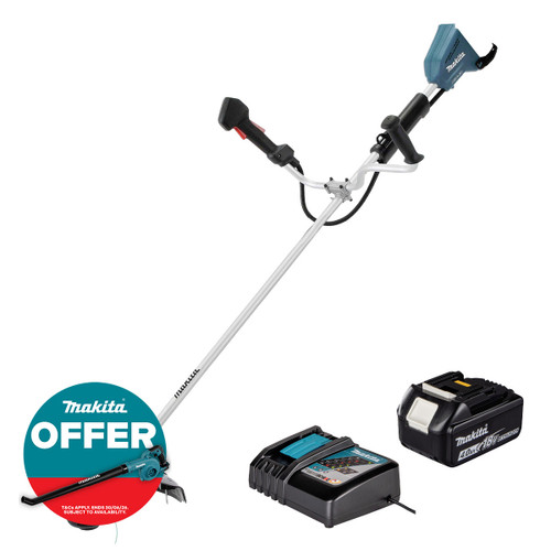 Makita DUR368AZ Twin 18V LXT Brushless Brush Cutter with 1x 4.0Ah Battery and Charger