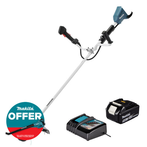Makita DUR368AZ Twin 18V LXT Brushless Brush Cutter with 1x 5.0Ah Battery and Charger