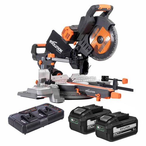 Evolution R255SMS-DB-Li Twin 18V 36V EXT 255mm Double Bevel Mitre Saw with 2x 8.0Ah Batteries & Dual Port Charger