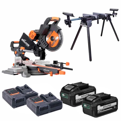 Evolution R255SMS-DB-Li Twin 18V 36V EXT 255mm Double Bevel Mitre Saw with 2x 8.0Ah Batteries, Mitre Saw Stand & 2x Single Port Fast Chargers