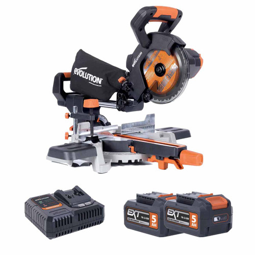 Evolution R185SMS-Li 18V EXT 185mm Cordless Sliding Mitre Saw with 2x 5.0Ah Batteries & Fast Charger