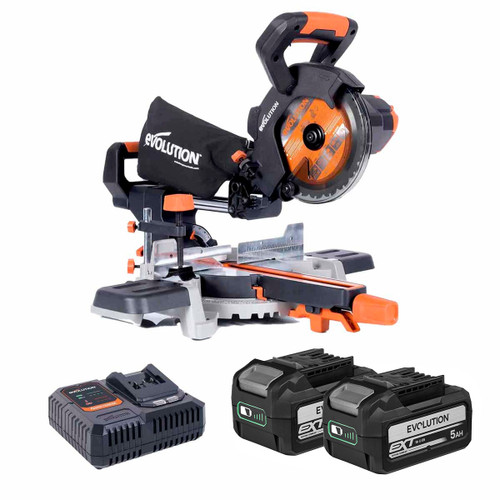 Evolution R185SMS-Li 18V EXT 185mm Cordless Sliding Mitre Saw with 2x 5.0Ah Batteries & Fast Charger