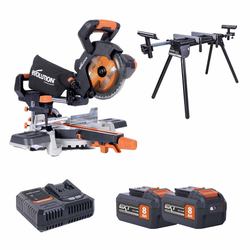 Evolution R185SMS-LI 18V EXT 185mm Cordless Sliding Mitre Saw with 2x 8.0Ah Batteries, Stand & Fast Charger