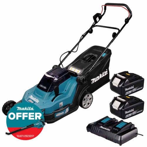 Makita DLM432Z Twin 18V LXT Cordless 430mm Lawnmower with 2x 6.0Ah Batteries and Charger