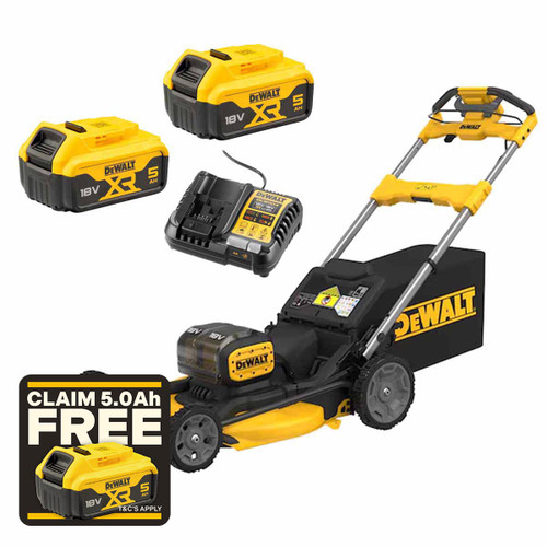 DeWalt DCMWSP156 Twin 18V XR Brushless 53cm Self-Propelled Lawn Mower with 2x 5.0Ah Batteries and Charger