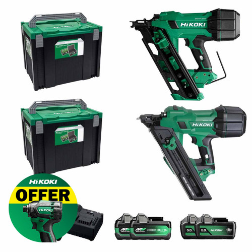 HiKOKI NR1890DCA 18V 1st Fix Angled Framing Nailer & NR1838DKA 18V Brushless PPN Nailer with 2x 18V 5Ah & 2x MultiVolt 5Ah, 2 Chargers & Cases
