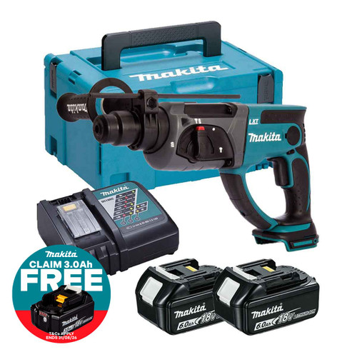 Makita DHR202Z LXT 18V 20mm 3-Mode SDS+ Rotary Hammer with 2 x 6.0Ah Batteries