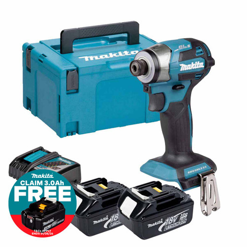 Makita DTD173Z 18V Brushless Impact Driver with 2x 3.0Ah Batteries, Charger & Makpac Carry Case