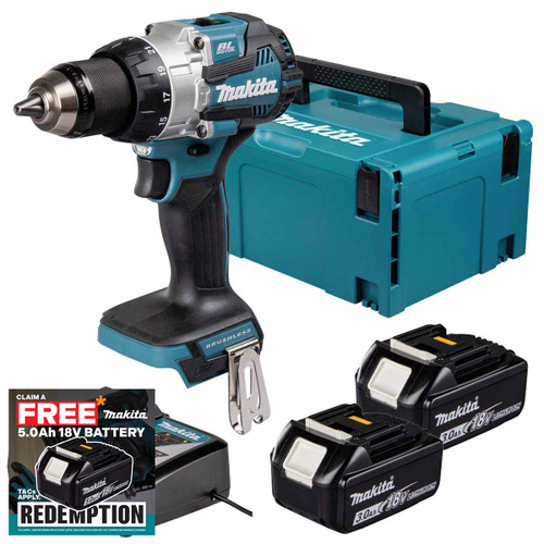 Makita DHP489Z 18V LXT Brushless Compact Combi Drill with 2x 3.0Ah Batteries, Charger & Makpac Carry Case