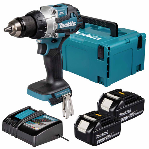Makita DHP489Z 18V LXT Brushless Compact Combi Drill with 2x 3.0Ah Batteries, Charger & Makpac Carry Case