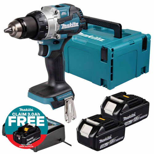 Makita DHP489Z 18V LXT Brushless Compact Combi Drill with 2x 3.0Ah Batteries, Charger & Makpac Carry Case