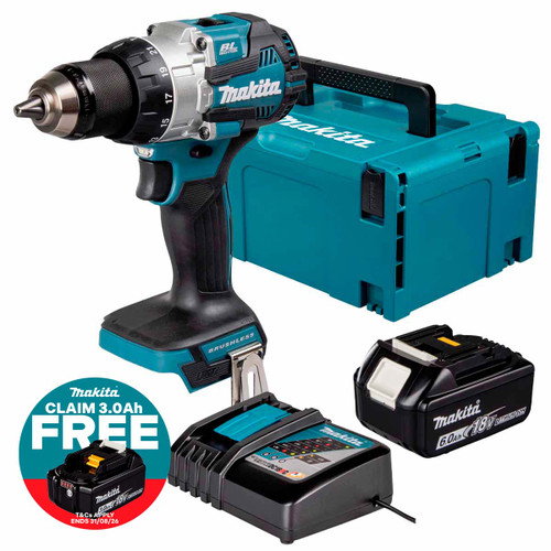 Makita DHP489Z 18V LXT Brushless Compact Combi Drill with 1x 6.0Ah Battery, Charger & Makpac Carry Case