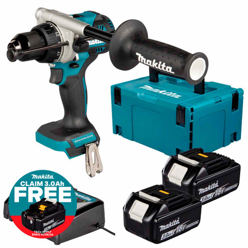 Makita DHP492Z 18V LXT Brushless Combi Drill with 2x 3.0Ah Batteries, Charger & Makpac Carry Case