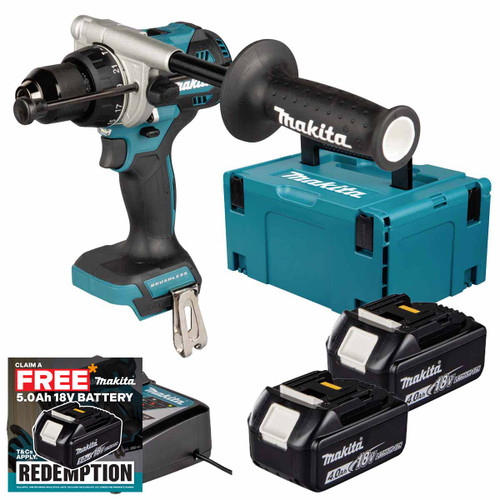 Makita DHP492Z 18V LXT Brushless Combi Drill with 2x 4.0Ah Batteries, Charger & Makpac Carry Case