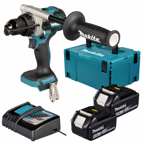 Makita DHP492Z 18V LXT Brushless Combi Drill with 2x 4.0Ah Batteries, Charger & Makpac Carry Case