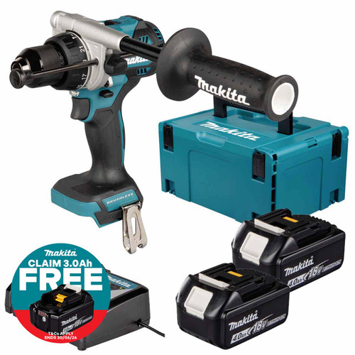 Makita DHP492Z 18V LXT Brushless Combi Drill with 2x 4.0Ah Batteries, Charger & Makpac Carry Case