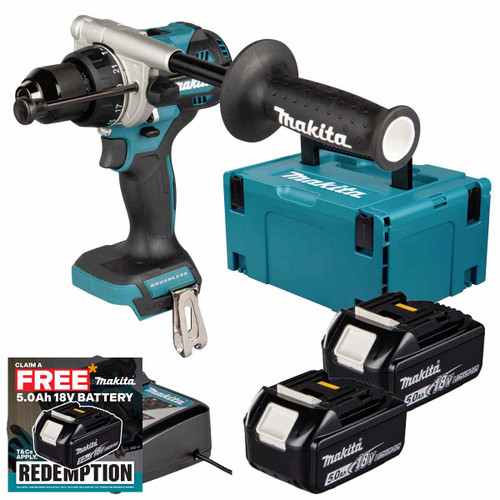 Makita DHP492Z 18V LXT Brushless Combi Drill with 2x 5.0Ah Batteries, Charger & Makpac Carry Case