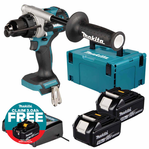 Makita DHP492Z 18V LXT Brushless Combi Drill with 2x 5.0Ah Batteries, Charger & Makpac Carry Case