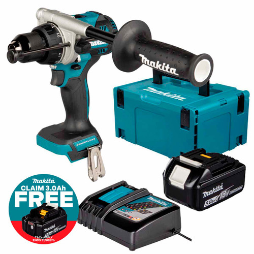 Makita DHP492Z 18V LXT Brushless Combi Drill with 1x 5.0Ah Battery, Charger & Makpac Carry Case