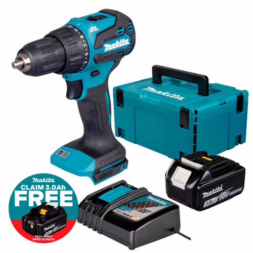 Makita DHP490Z 18V LXT Brushless Combi Drill with 1x 3.0Ah Battery, Charger & Makpac Carry Case