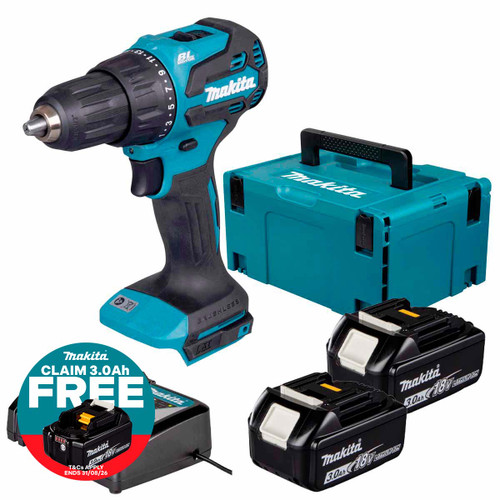 Makita DHP490Z 18V LXT Brushless Combi Drill with 2x 3.0Ah Batteries, Charger & Makpac Carry Case