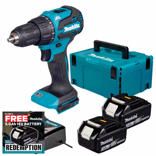 Makita DHP490Z 18V LXT Brushless Combi Drill with 2x 3.0Ah Batteries, Charger & Makpac Carry Case