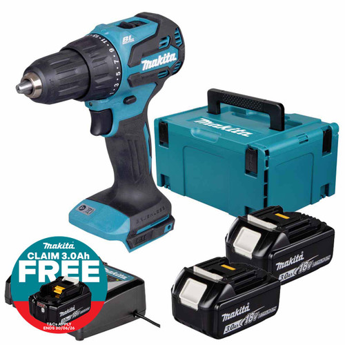Makita DHP490Z 18V LXT Brushless Combi Drill with 2x 3.0Ah Batteries, Charger & Makpac Carry Case