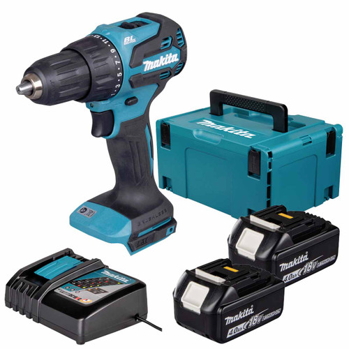 Makita DHP490Z 18V LXT Brushless Combi Drill with 2x 4.0Ah Batteries, Charger & Makpac Carry Case