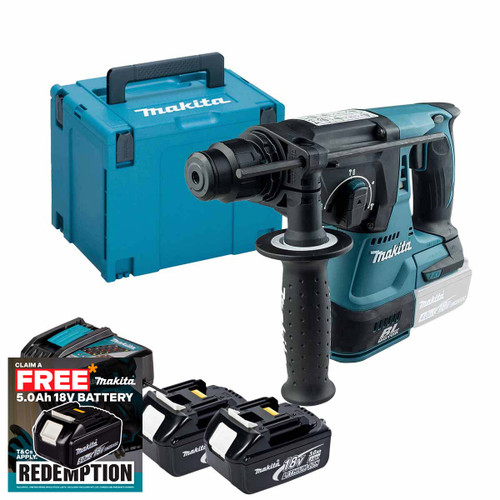 Makita DHR242Z 18V Brushless SDS+ Rotary Hammer Drill with 2x 3.0Ah Batteries, Charger and Makpac Carry Case