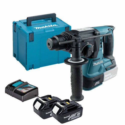Makita DHR242Z 18V Brushless SDS+ Rotary Hammer Drill with 2x 3.0Ah Batteries, Charger and Makpac Carry Case